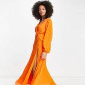 ASOS DESIGN pleated wrap button detail maxi dress in orange